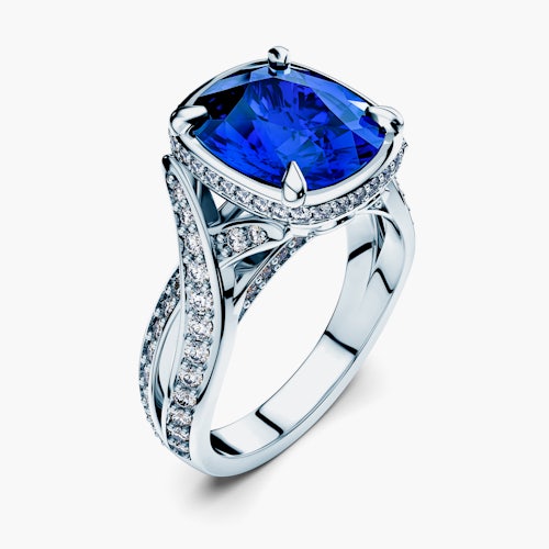 Pierścionek SAVICKI: białe złoto, niebieski szafir, diamenty